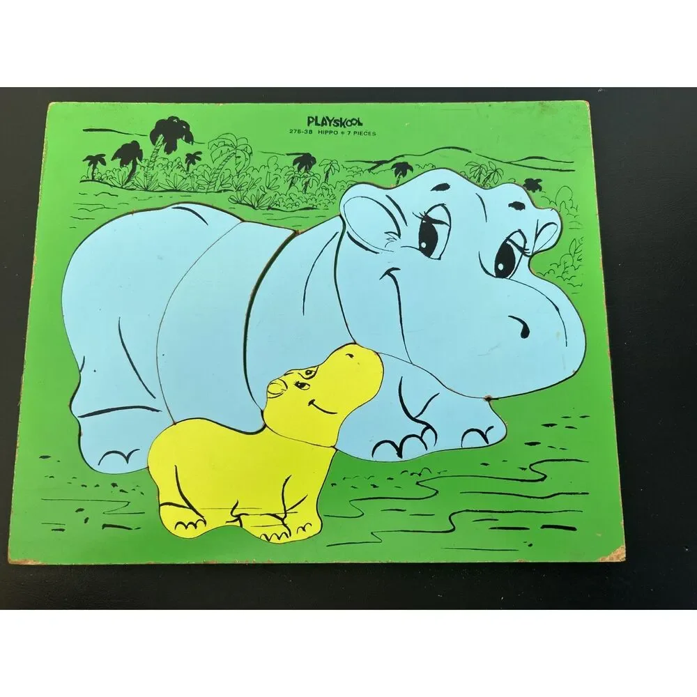 2 Wooden Playskool Puzzles Hippos #275-38 Nutty Squirrel #165-8